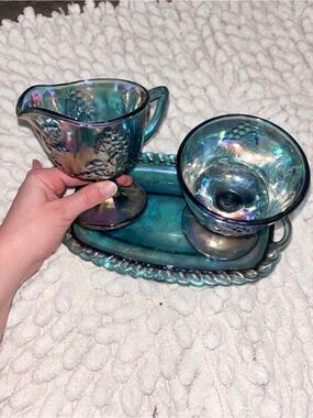 Iridescent Teal Carnival Glass Creamer and Sugar Set